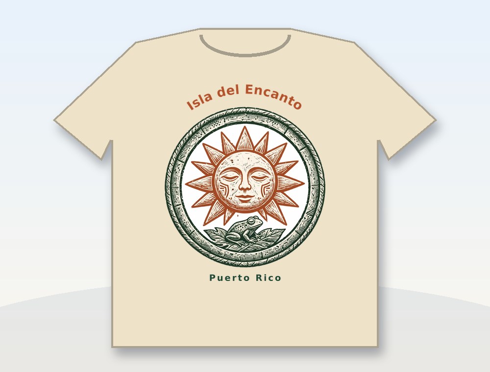 Isla del Encanto — Coquí & Taíno Sun · Isla del Encanto — coquí y sol taíno — diseño MKLDesignsShop en Camiseta · Shirt