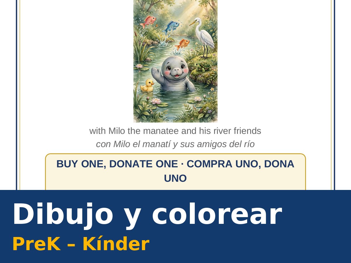 Cuaderno de dibujo y colorear PreK y Kínder con Milo el manatí